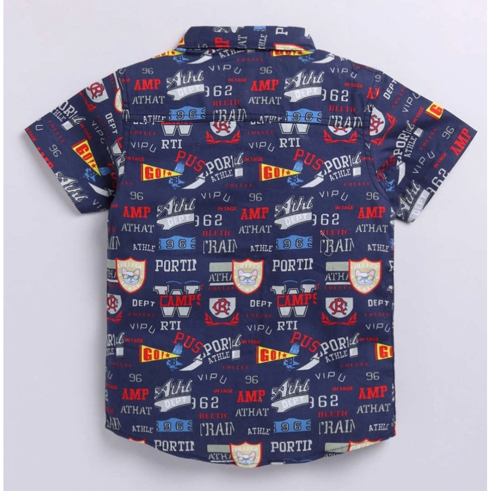 Navy blue cotton blend printed short sleeve shirt for boys, vibrant pattern detail