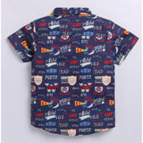 Navy blue cotton blend printed short sleeve shirt for boys, vibrant pattern detail