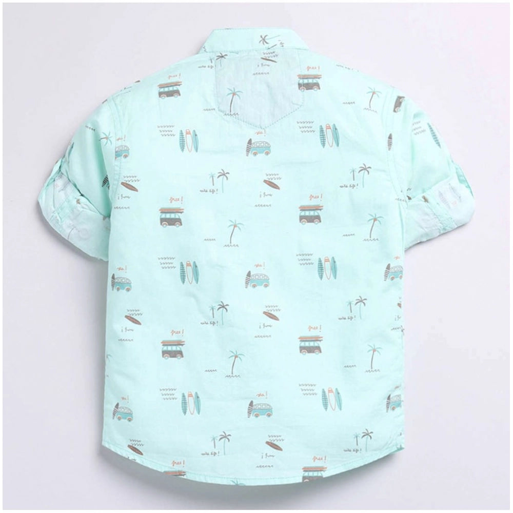 Boys cotton blend printed short sleeve multi-color shirt on model