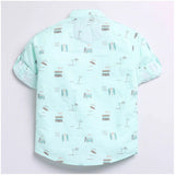 Boys cotton blend printed short sleeve multi-color shirt on model