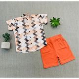 MultiColor cotton blend boy's printed short sleeve shirt and shorts set, casual summer clothing for kids on grass