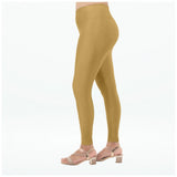 Beige cotton blended shimmer ankle leggings for women, solid pattern, wear-resistant athletic apparel
