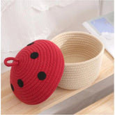 White cotton box storage basket with red lid, ideal for organizing clothes or toys in bathroom, living room, or kitchen