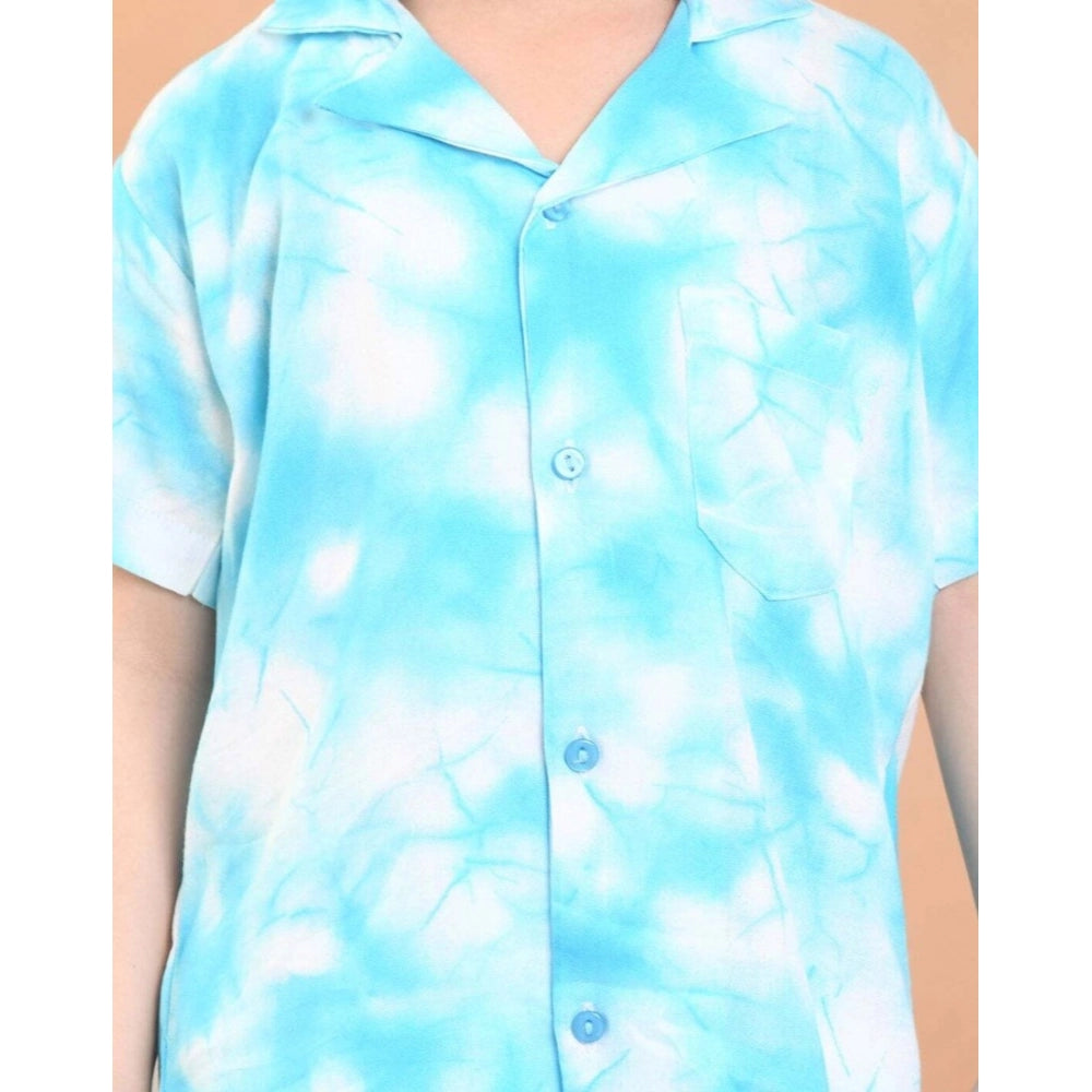 Sky Blue twill cotton printed short sleeve shirt & shorts set for boys on display
