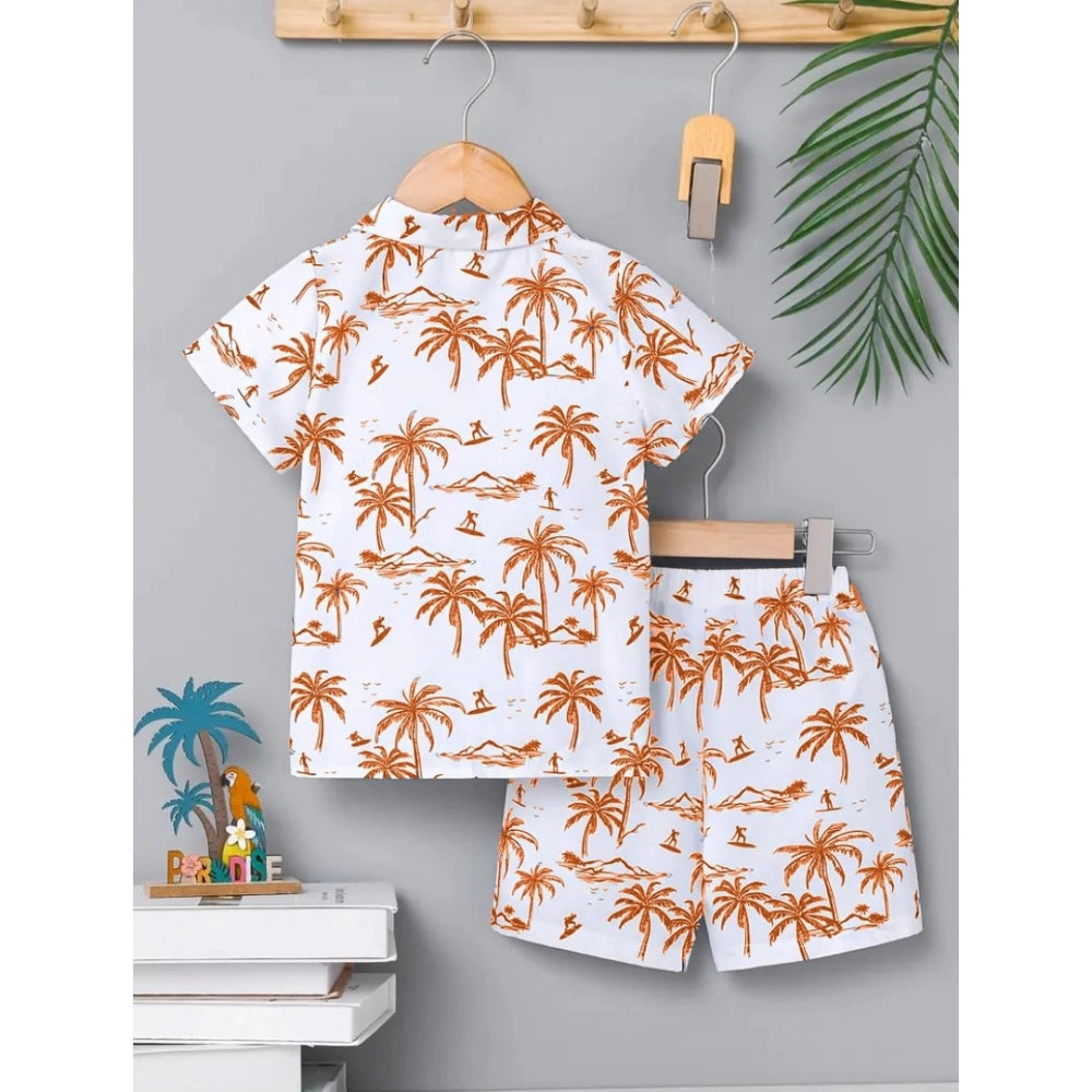 Brown twill cotton printed short sleeve shirt and shorts set for boys, collar neck and short sleeves, suitable for casual play