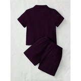 Wine popcorn solid short sleeve shirt and shorts set for boys, collar neck with short sleeves, clothing set on display
