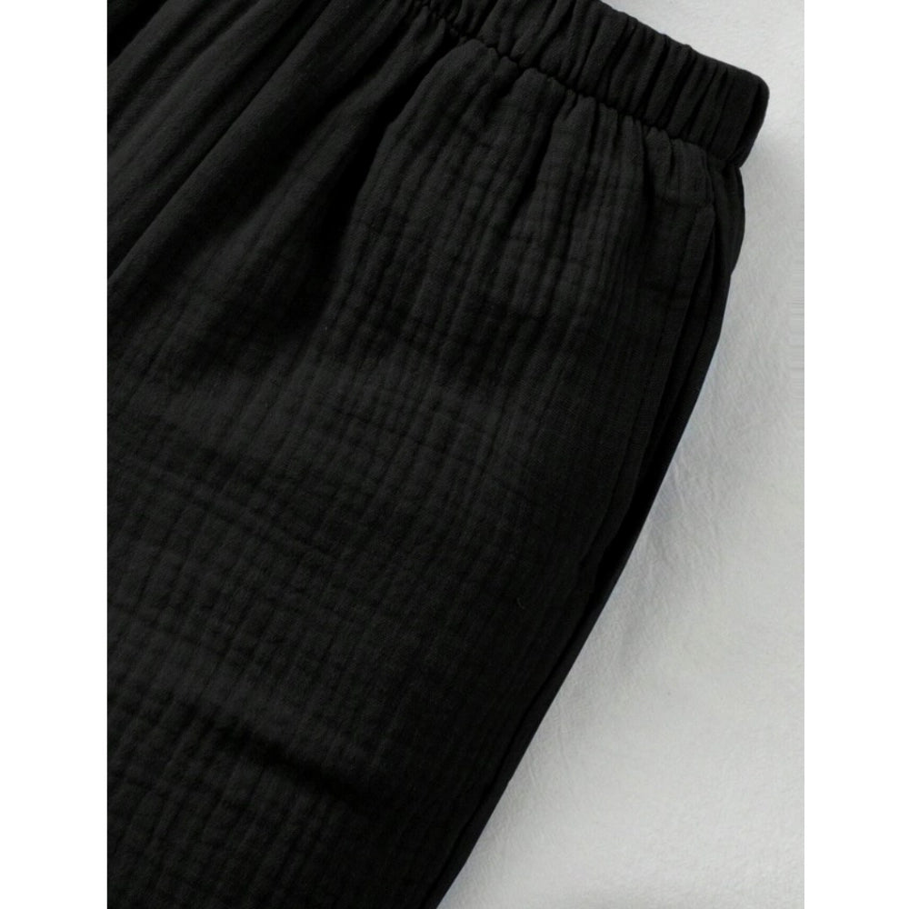 Black popcorn solid shirt & shorts set for boys - solid pattern, short sleeves, collar neck