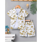 Gold twill cotton printed short sleeve shirt and shorts set for boys