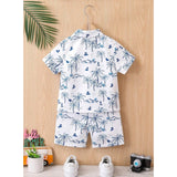 Blue twill cotton printed short sleeve shirt and shorts set for boys
