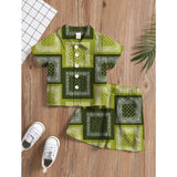 Green twill cotton printed short sleeve shirt and shorts set for boys