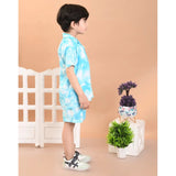 Sky blue twill cotton printed shirt & shorts set for boys, collar sleeve type with vibrant pattern