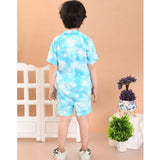 Sky blue twill cotton printed shirt-short set for boys, collar sleeve style with vivid patterns