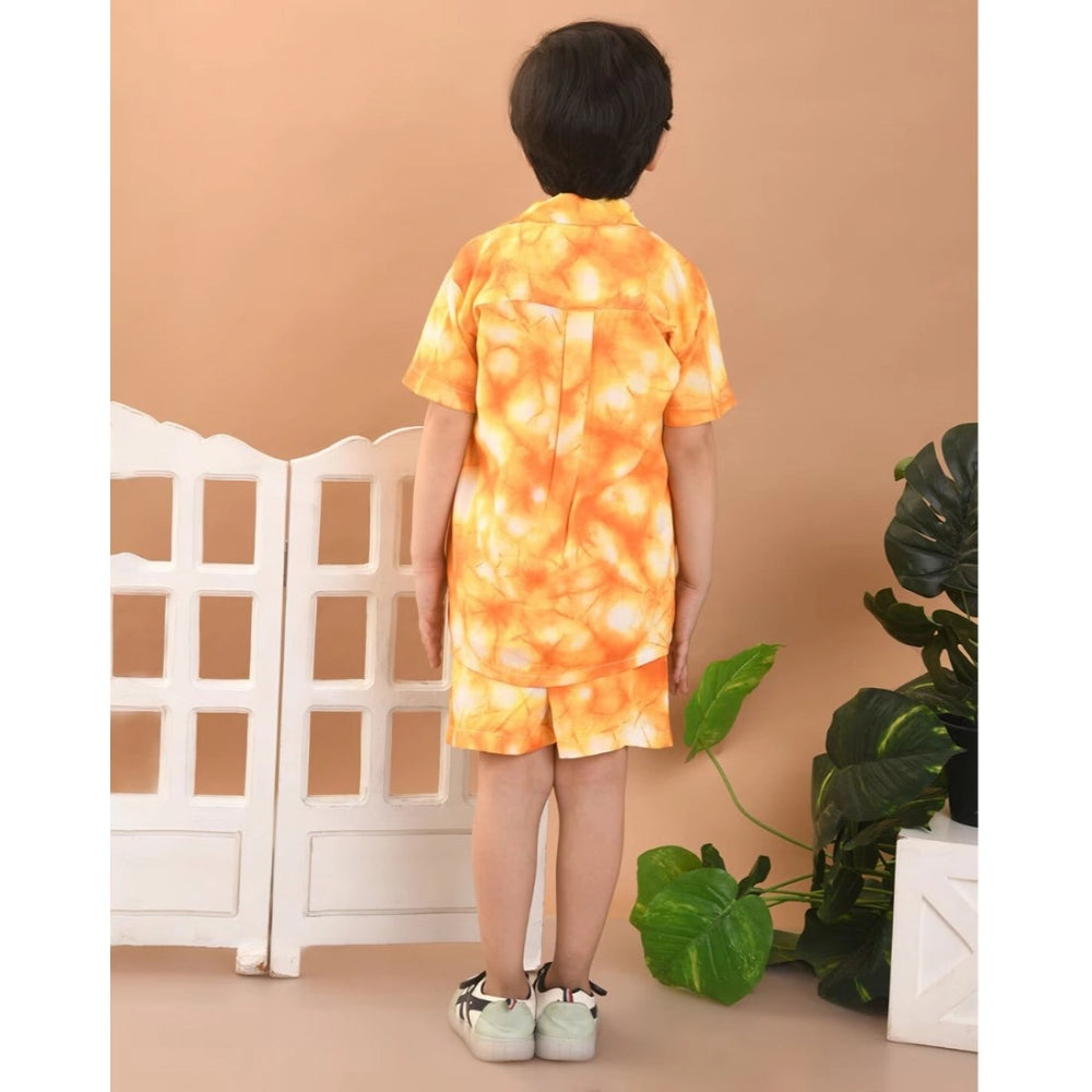 Orange twill cotton shirt-short set for boys, printed pattern with collar sleeves