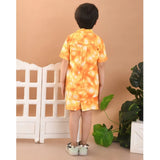 Orange twill cotton shirt-short set for boys, printed pattern with collar sleeves