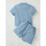 Sky blue popcorn solid shirt-short set for boys, short sleeve collar neck type