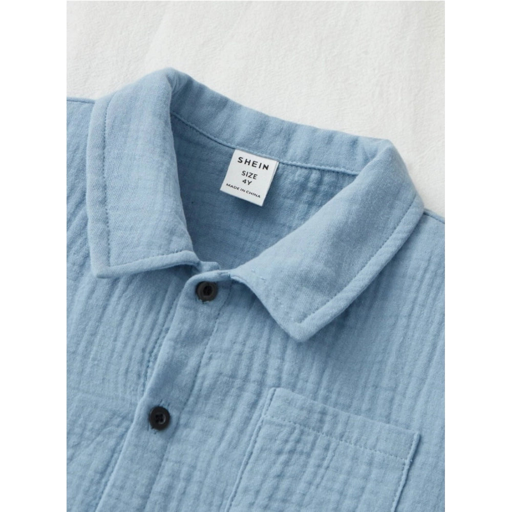 Sky blue popcorn short sleeve shirt & shorts set for boys, solid pattern with collar neck and short sleeves