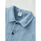 Sky blue popcorn short sleeve shirt & shorts set for boys, solid pattern with collar neck and short sleeves