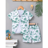 Sky twill cotton printed short sleeve shirt & shorts set for boys, collar neck, short sleeves