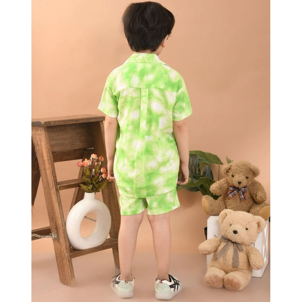 Bottle Green twill cotton printed short sleeve shirt & shorts set for boys, collared and short-sleeved