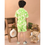 Bottle Green twill cotton printed short sleeve shirt & shorts set for boys, collared and short-sleeved