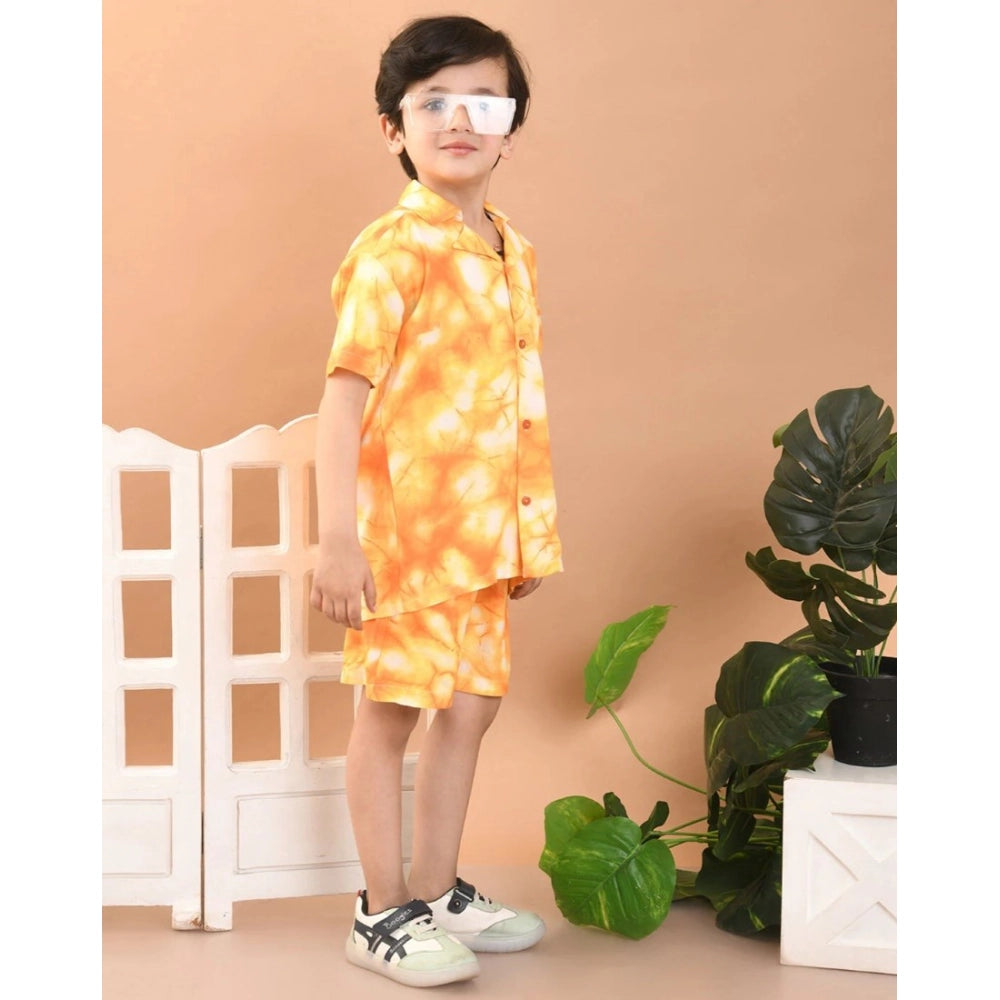 Orange twill cotton printed shirt-short set for boys, collar sleeve short sleeve style