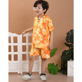 Orange twill cotton printed short sleeve shirt & shorts set for boys