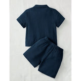 Navy Popcorn Solid Shirt-Short Set for Boys - Solid pattern, short sleeves, collar neck
