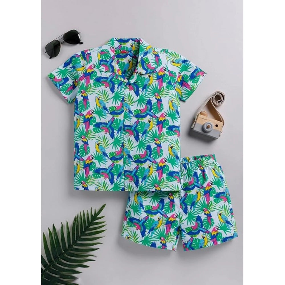 Multicolor twill cotton printed short sleeve shirt & shorts set for boys, collared and short-sleeved on a clothing rack