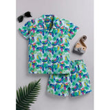Multicolor twill cotton printed short sleeve shirt & shorts set for boys, collared and short-sleeved on a clothing rack