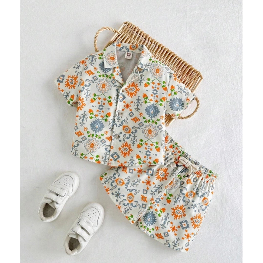 Multicolor twill cotton printed short sleeve shirt & shorts set for boys, collared with short sleeves