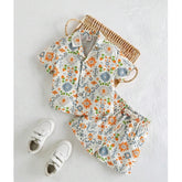Multicolor twill cotton printed short sleeve shirt & shorts set for boys, collared with short sleeves