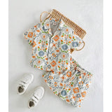 Multicolor twill cotton printed short sleeve shirt & shorts set for boys, collared with short sleeves