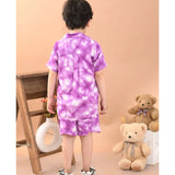 Pink twill cotton printed short sleeve shirt and shorts set for boys
