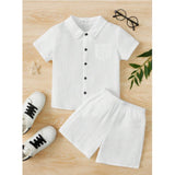 White popcorn patterned boys' shirt & shorts set, collar sleeve style for playful summer outfits