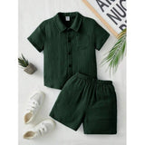 Green popcorn pattern boy's shirt-short set: Solid short sleeve shirt and shorts, collar neck type