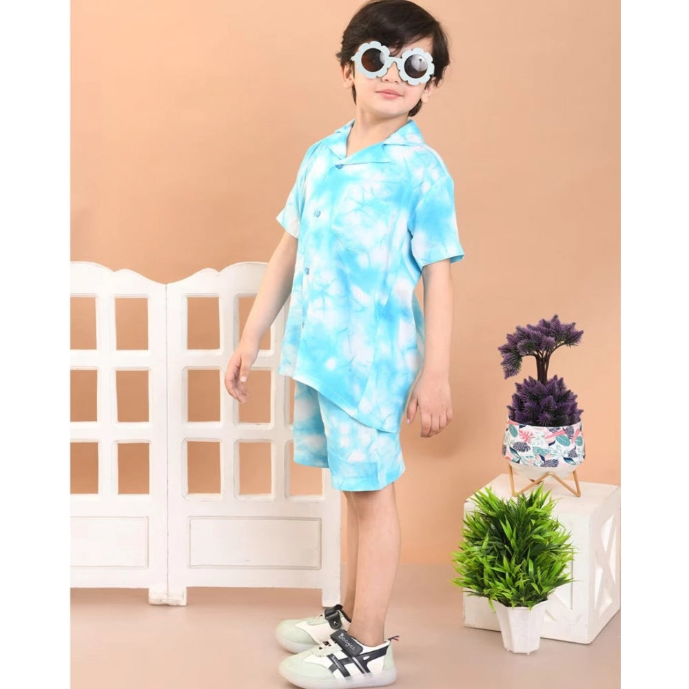 Sky blue twill cotton printed shirt & shorts set for boys, casual wear with collar sleeve short sleeves