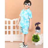 Sky blue twill cotton printed shirt & shorts set for boys, casual wear with collar sleeve short sleeves