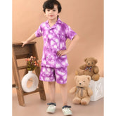 Pink twill cotton boys' shirt and shorts set with printed design