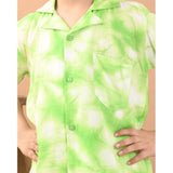 Bottle Green twill cotton printed shirt and shorts set for boys, casual summer clothing on a hanger