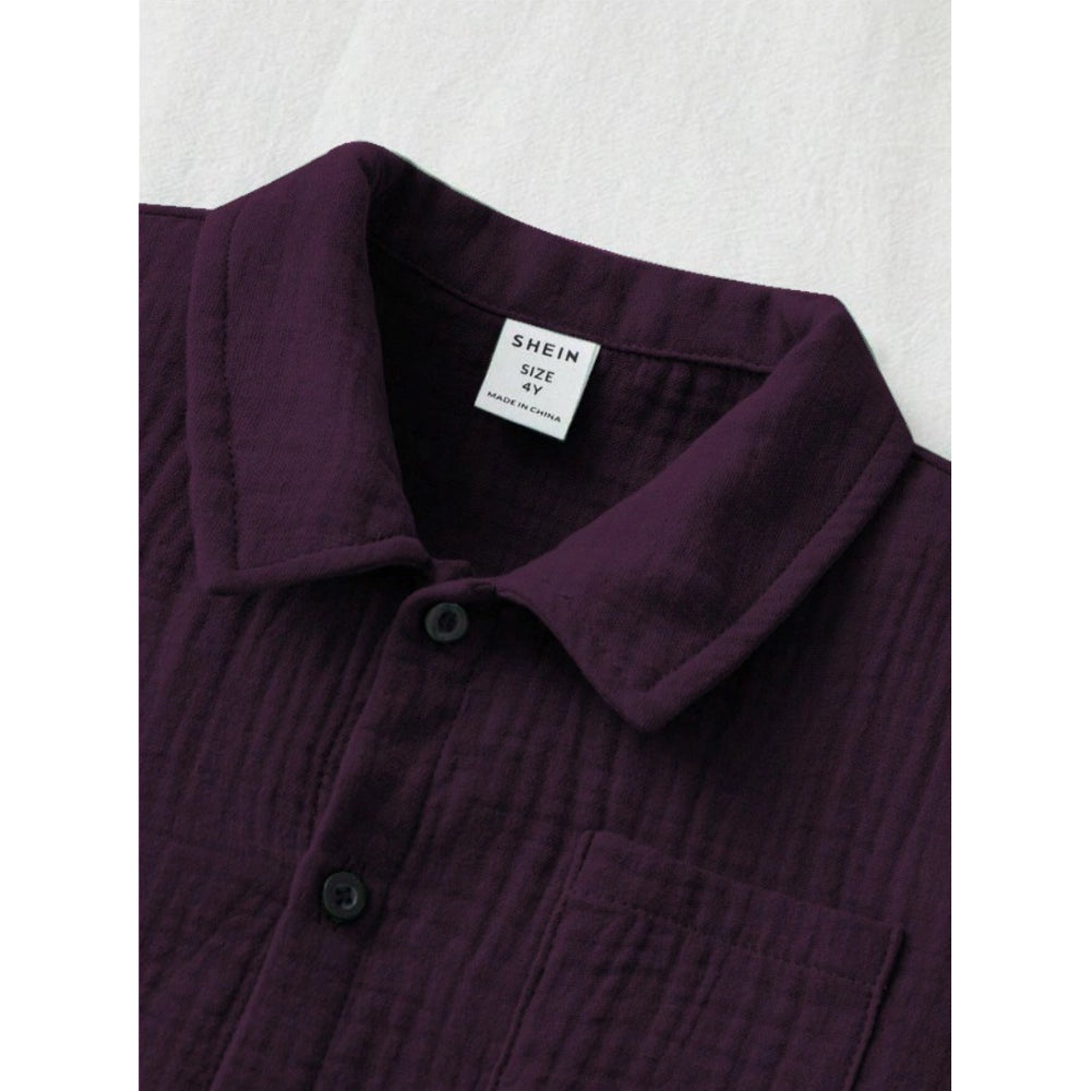 Wine popcorn solid shirt-short set for boys, solid pattern on collar sleeve short sleeve shirts with matching shorts