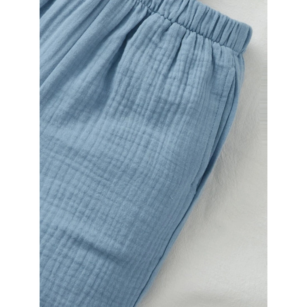 Sky blue popcorn solid shirt-short set for boys, collared short sleeves