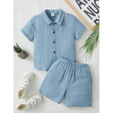 Sky blue popcorn solid shirt & shorts set for boys, collar neck, short sleeves