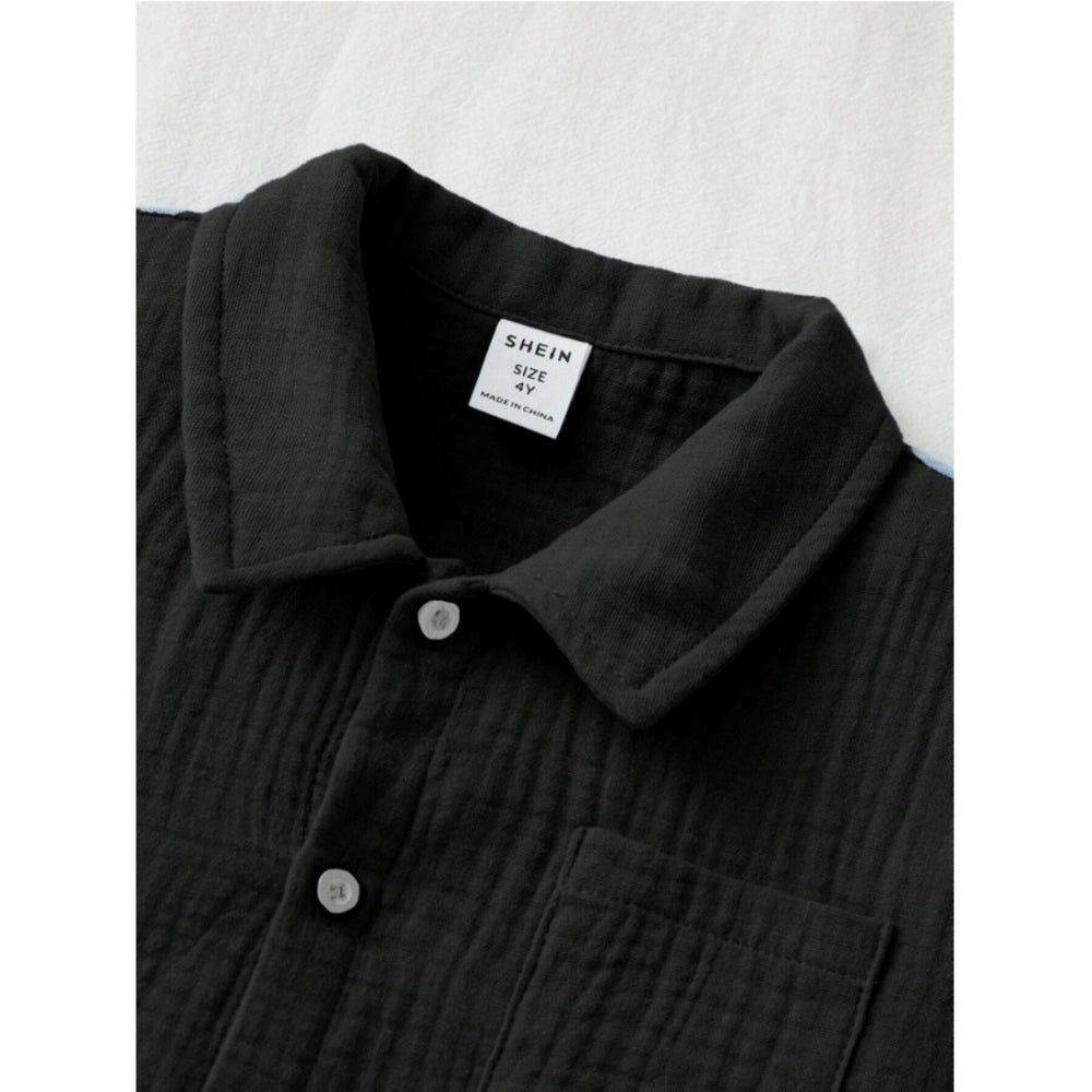 Black popcorn short sleeve shirt and shorts set for boys, solid pattern with collar neck and short sleeves