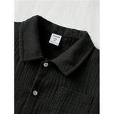 Black popcorn short sleeve shirt and shorts set for boys, solid pattern with collar neck and short sleeves