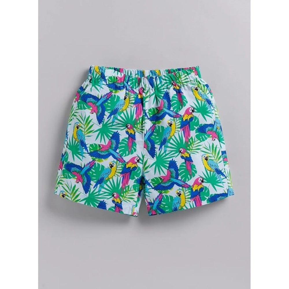 Multicolor twill cotton boys' short sleeve shirt & shorts set with collar neck & short sleeves, printed pattern on display