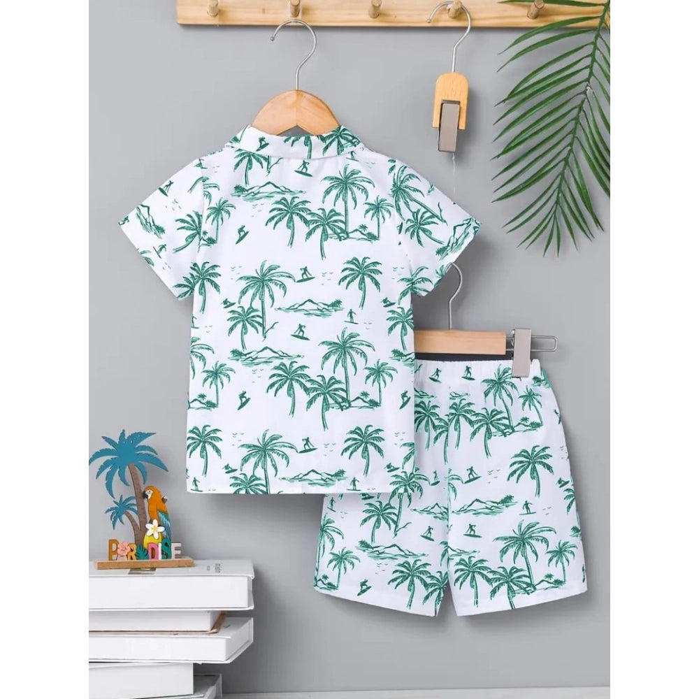 Sky twill cotton boys' shirt & shorts set, printed with short sleeves & collar neck