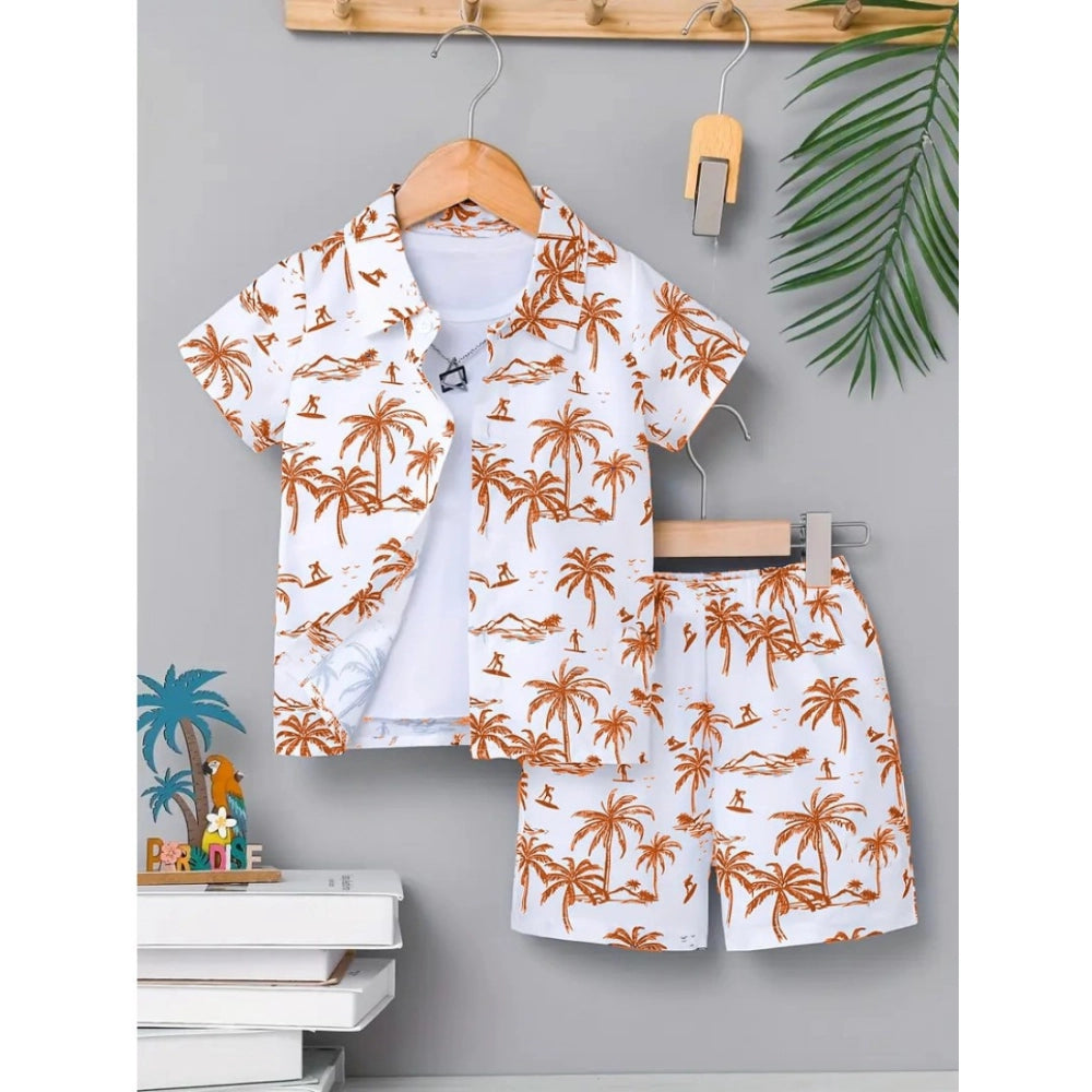 Brown twill cotton printed short sleeve shirt & shorts set for boys