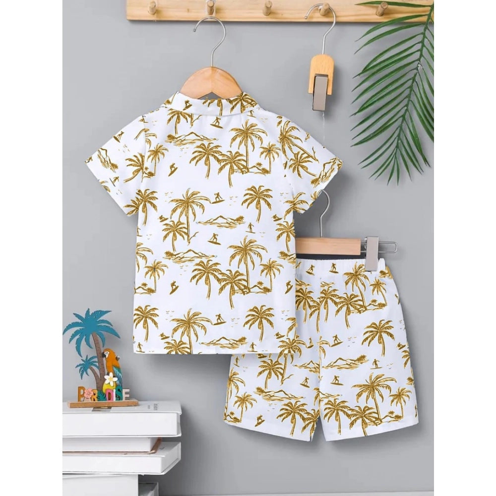 Gold twill cotton printed shirt-short set for boys, collar sleeve style with short sleeves