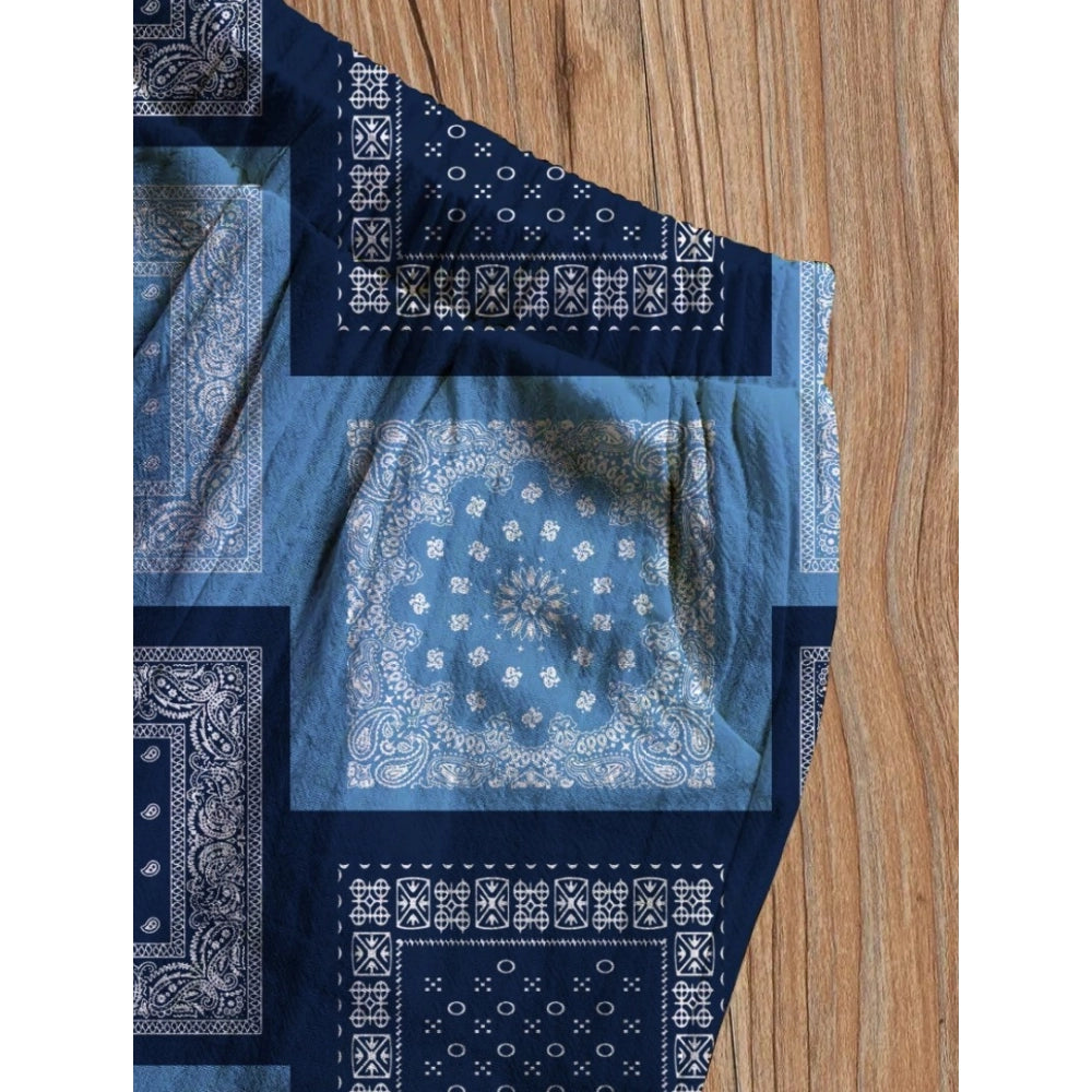 Blue twill cotton printed short sleeve shirt and shorts set for boys