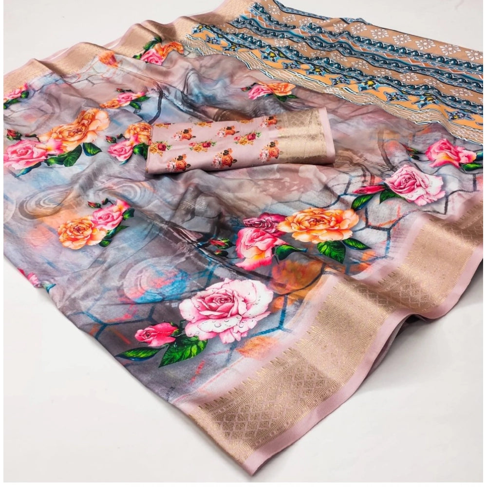 Multicolor cotton silk printed saree with unstitched blouse, vibrant patterns showcased on model